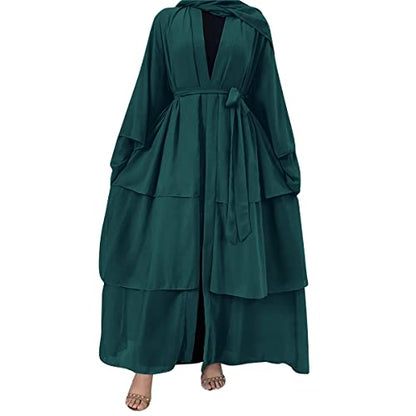 Abayas 여성용 무슬림 아바야 긴소매 맥시 드레스 루즈 풀 커버 이슬람 두바이 가디건 히잡 옷 S-XXL - color: 다크 그린+히잡, size: S