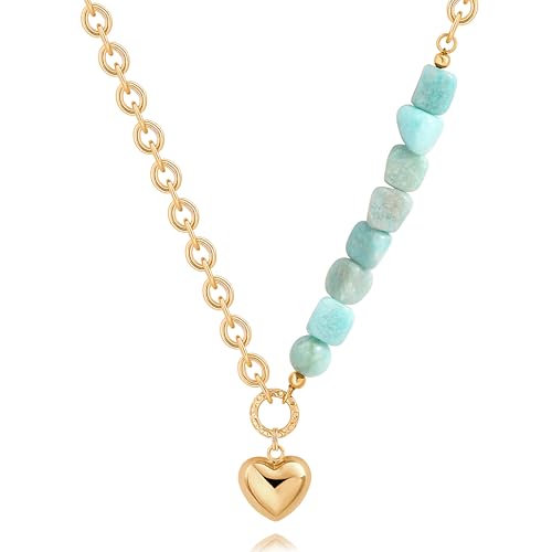 POTESSA 18K Gold Plated Pendant Necklace Medallion Coin Heart Y Shaped Chain Toggle Necklace for Women Jewelry - color: gold heart amazonite