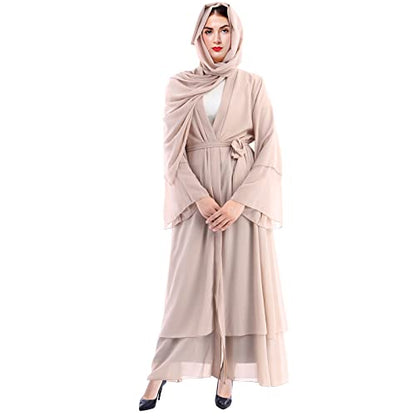 Muslim Abaya Dress for Women - Long Sleeve Islamic Dubai Abaya Cardigan Robe - Middle East Prayer Dress with Hijab - color: Khaki, size: Small