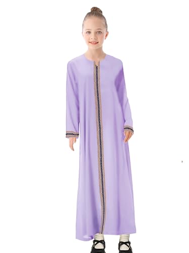 WSPLYSPJY Kids Girls Gold Embroidered Muslim Dress Abaya Long Sleeve Eid Robe Prayer Clothes - color: Light Purple, size: 13-14 Years