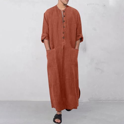 Linen Kaftan Thobe for Men Big and Tall Muslim Robe Long Sleeve Button Down Henley Neck Side Split Caftan with Pocket - color: Brown, size: X-Large