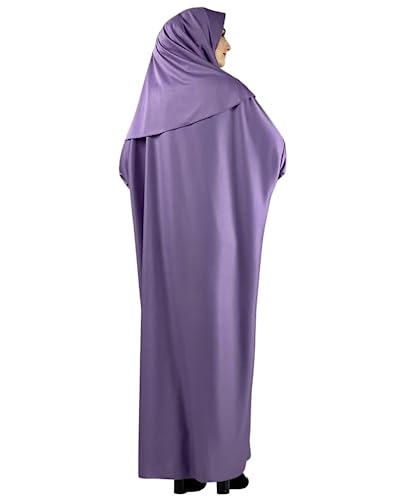Women Prayer Clothes with Hijab Muslim Outfits Long Robe Abaya Turkish Islamic Dresses Dubai Kaftan with Rosary - color: Lilac