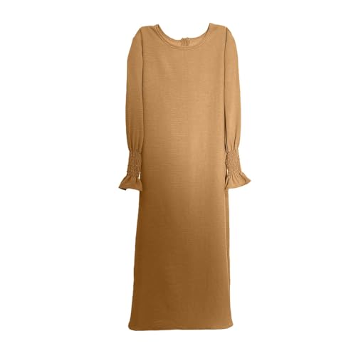 Girls Muslim Abaya Islamic Long Sleeve Prayer Dress with Hijab Teens Solid Ruffle Dubai Kaftan Ramadan Middle East Outfits - color: Khaki, size: 3-4T