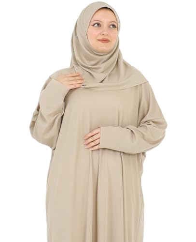 Women Prayer Clothes with Hijab Muslim Outfits Long Robe Abaya Turkish Islamic Dresses Dubai Kaftan with Rosary - color: Mink
