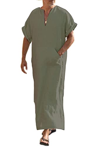 COOFANDY Men's V-Neck Linen Robe Short Sleeve Kaftan Thobe Long Gown Casual Shirt for Beach, Summer - color: Olive Green, size: Small
