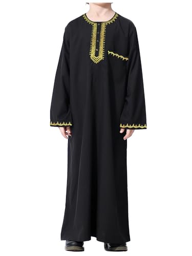 WSPLYSPJY Embroidered Muslim Thobe for Boys Solid Color Islamic Kaftans Button Down Gown with Pocket - size: 13-14 Years