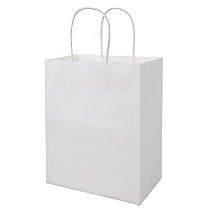 bagmad 100 Pack Sturdy Medium White Kraft Paper Bags with Handles Bulk, Thicken Gift Bags 8x4.75x10 Inch, Craft Grocery Shopping Retail Party Favors Wedding Business Sacks (White, 100pcs) - color: White