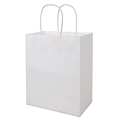 bagmad 100 Pack Sturdy Medium White Kraft Paper Bags with Handles Bulk, Thicken Gift Bags 8x4.75x10 Inch, Craft Grocery Shopping Retail Party Favors Wedding Business Sacks (White, 100pcs) - color: White
