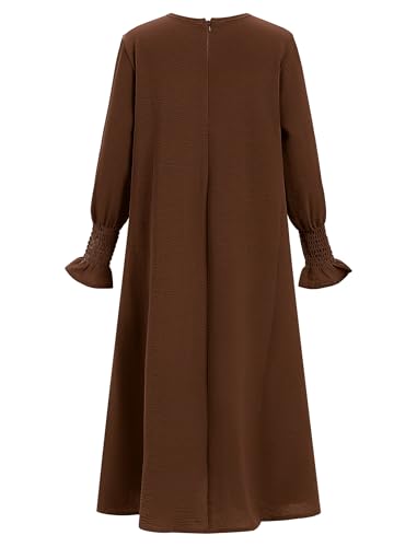 IDOPIP Muslim Dress for Girls Islamic Prayer Abaya Smocked Long Sleeve Kaftan Robe Dresses with Hijab Ramadan Dubai Outfits - color: Coffee, size: 3-4 Years
