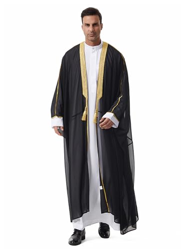 IWEMEK Mens Kaftan Thobe Muslim Thobe Ramadan Abaya Prayer Dress Chiffon Open Front Embroidered Cardigan Dubai Islam Kimono - color: Black, size: Large