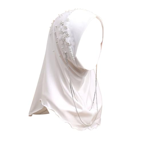 RARITYUS Women Bling Rhinestone Pearl Instant Scarf Muslim Hijab Fashion Shawl Head Wrap Turban Cap with Flower Accent - color: White