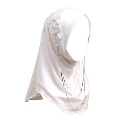 RARITYUS Women Bling Rhinestone Pearl Instant Scarf Muslim Hijab Fashion Shawl Head Wrap Turban Cap with Flower Accent - color: White