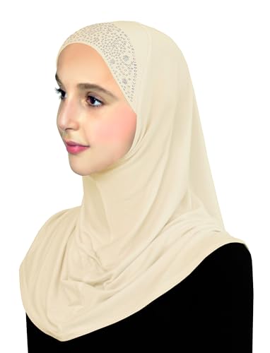 Aiyah Hijab for Girl's 1 piece Elastane-Spandex Amira Head Scarf with Rhinestones Easy Pull-on Headscarf - color: Large - Ivory, size: Large