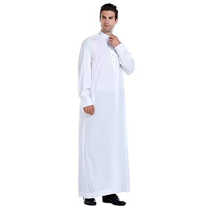 Men Arabic Long Sleeve Pure Color Thobe Crew Stand Collar Kaftan Robe with Button - color: White, size: Large