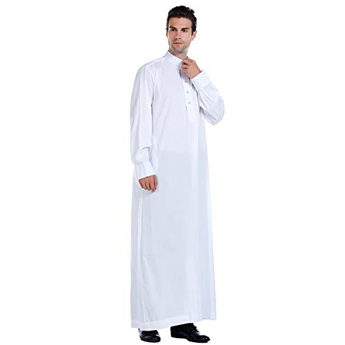 Men Arabic Long Sleeve Pure Color Thobe Crew Stand Collar Kaftan Robe with Button - color: White, size: 3X-Large