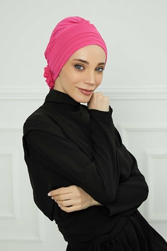 Aisha's Design Instant Turban Head Wraps for Women, Combed Cotton Scarf Lightweight Pre tied Hijab with Back Rose Detail - color: Fuchsia