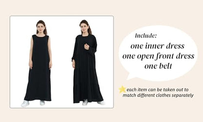 Prlemend Two-Pieces Abaya for Women Muslim Robe with Belt Prayer Dress Set | 2PCs, with Belt, Cake Skirt - color: Black, size: Large