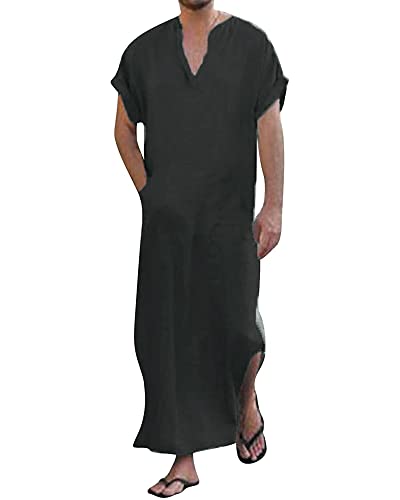 YAOHUOLE Men's Short Sleeve Kaftan Thobe Side Split Caftan with Pockets Long Gown Thobe - color: Dark Gray, size: Medium