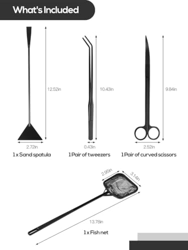 Aquarium Landscaping Kit, 4 in 1 with Curved Scissors, Curved Tweezers, Sand Spatula and Fish Net, Aquatic Plant Tools for Trimming Plants, Cleaning Tanks and Shaping Gravel for Small Aquariums