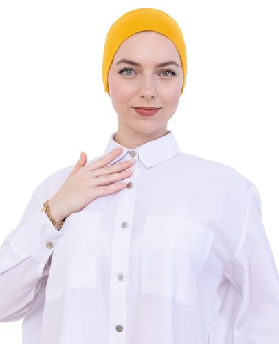 Prien Women Cotton Hijab Cap, Stretchy Head Cover, Pre-Sewn Inner Muslim Scarf Undercap, Non Slip Headband for Daily Wear - color: Deep Yellow