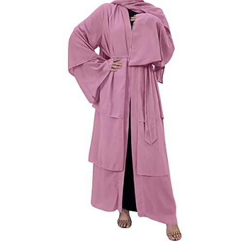 Muslim Chiffon Abaya for Women Open Front Cardigan Modest Dress with Hijab Scarf Middle East Arabian Robe Islamic Long Dress - color: Rose Pink, size: XX-Large