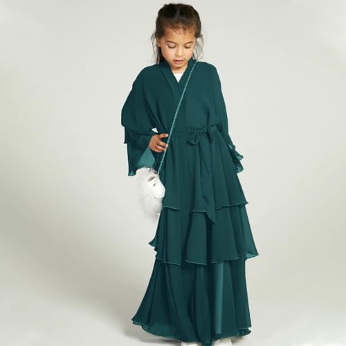 Chiffon layered Open Abaya Dubai Kaftan Muslim Cardigan Abayas Dresses For Girls Casual Robe Kimono Islam Clothing - color: Dark Green, size: 13-14 Years