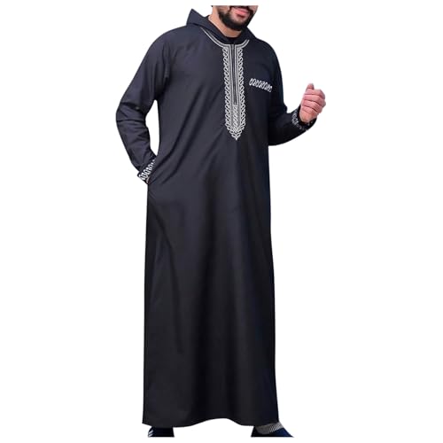 Men's Muslim Middle Arab Casual Long Sleeve Loose Hood Big and Tall Long Gown Dress Muslim Kaftan Thobe - color: Black, size: XX-Large