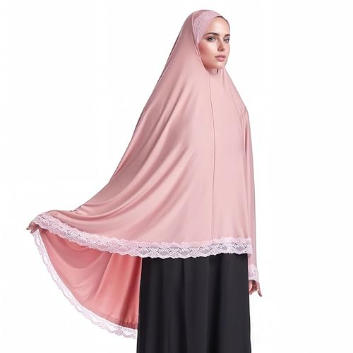 Muslim Hijab for Women Silk Scarf Lace Head Wrap Solid Color Scarves - color: Pink, size: Medium