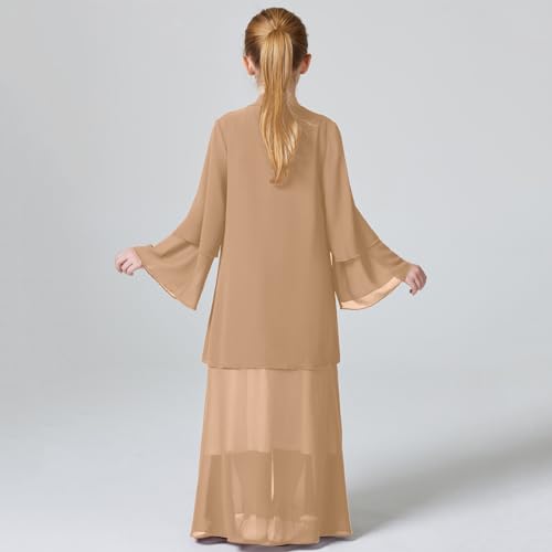 Kids Abaya Dress for Girls Muslim Dress with Hijab Chiffon Layered Open Front Cardigan Ramadan Eid Kaftans Dubai Outfit - color: Khaki, size: 4-5 Years