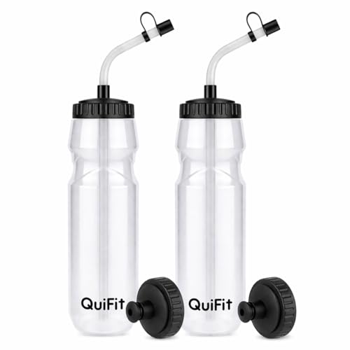 QuiFit Lacrosse Water Bottle with Long Straw - 32oz Hockey Water Bottle 2 Pack with 2 Lids Each- BPA Free Squeeze Sports Water Bottles, Leakproof Dishwasher Safe- for Helmet,Lacrosse (Clear) - color: Clear