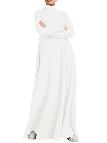 WSPLYSPJY Women Girls High Neck Long Sleeve Abaya Muslim Dress Solid Color Prayer Clothes Islamic Robe - color: White, size: Small