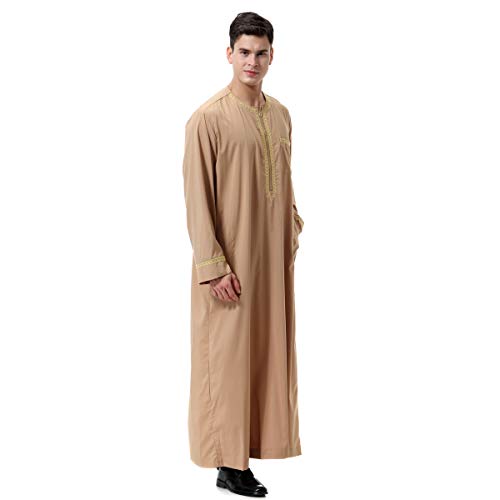 Lenmipot Men's Muslim Clothes Durable Kaftan Robe Dubai Long Gown Ethnic Clothes,1pc Soft Robe - color: A Light Tan, size: XX-Large