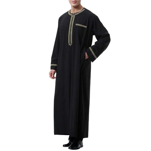 Muslim Robe for Men Arab Long Sleeve Kaftan Islamic Arabic Abaya Thobe Ramadan Middle East Islamic Cloth Shirt Gown - color: Black, size: Large