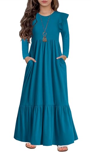 HOSIKA Girls Fall Ruffle Long Sleeve Crew Neck Loose Casual Flowy Tiered Maxi Dress with Pockets for 6-12 Y - color: Teal, size: 8 Years