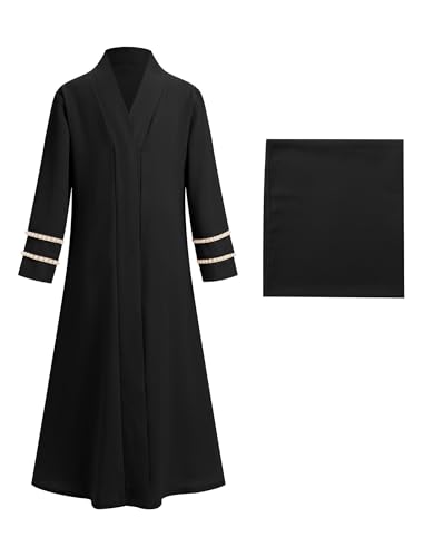 IDOPIP Muslim Dress for Girls Islamic Prayer Abaya Long Sleeve Cardigan Kaftan Robe Dresses with Hijab Ramadan Dubai Outfits - color: Black, size: 5-6 Years