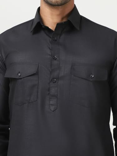 Maple Clothing Punjabi Kurta Pajama Set Pathani Mens Cotton Indian Clothes Bollywood Outfit - color: Black, size: Small