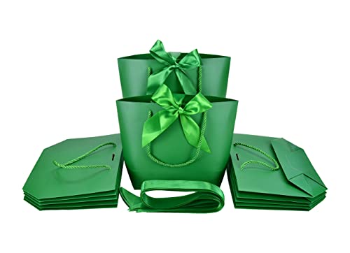 HUAPRINT Small Gift Bags with Handles, Green, 12 Pack, 7.48×3.54×7.9 IN | Party Favor Paper Bags with Bow Ribbon for Birthday, Wedding, Bridesmaid, Holiday , Shopping, Presents - color: Green