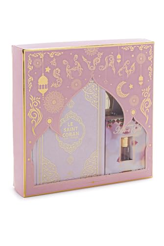 ihvan online Prayer Gift Set for Hajj and Umrah, Muslim Prayer Rug, Prayer Mat, Beads Taasbih, Holy Quran Translated French, Muslim Praying Mat, Islamic Gift Set for Ramadan & Eid, Pink - color: French Pink