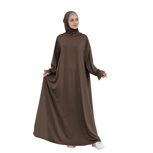 Muslim Hoodie Abaya Islamic Prayer Jilbab Maxi Robe with Inner Cap | Two-layer Cap, Prayer Abaya, Large Style - color: Dark Coffee
