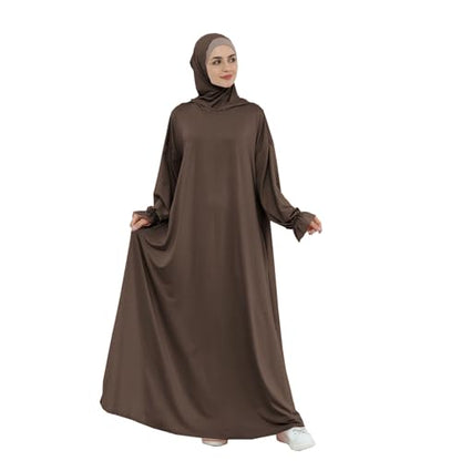 Muslim Hoodie Abaya Islamic Prayer Jilbab Maxi Robe with Inner Cap | Two-layer Cap, Prayer Abaya, Large Style - color: Dark Coffee