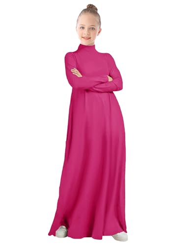 WSPLYSPJY High Neck Kids Girls Abaya Dress Solid Color Muslim Prayer Robe - color: Rose Red, size: 5-6 Years