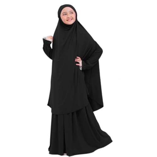 Kids Girls Muslim Islamic Two-piece Outfits Lace Long Sleeve Hijab Dress Abaya and Loose Skirt Full Cover Kaftan - color: Black, size: 7-8 Years