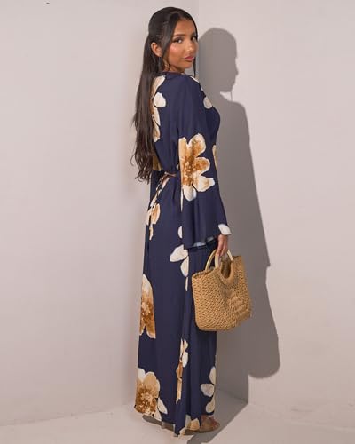 Women Butterfly Abaya Elegant Prayer Dress with Bell Sleeve, Waist Tie, Stylish Floral Printed Maxi Robe - color: Navy, size: Large