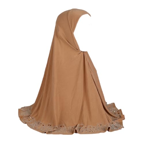 ZGMYC Women Shiny Rhinestones Muslim Hijab Elegant Long Turban Cap Head Wrap Scarf - color: Camel(golden Beads & Rhinestones)
