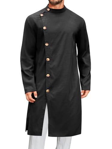 Runcati Mens Kaftan Thobe Button Down Long Sleeve Robe Casual Henley Shirt Cotton Muslim Gown Kurta Tops - color: Black, size: Large