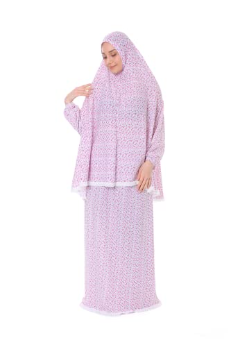 Islamic Dress for Women Prayer Clothes for Muslim Women 2 Piece Set Maxi Skirt with Hijab and Rosary Printed Dress - color: Pink