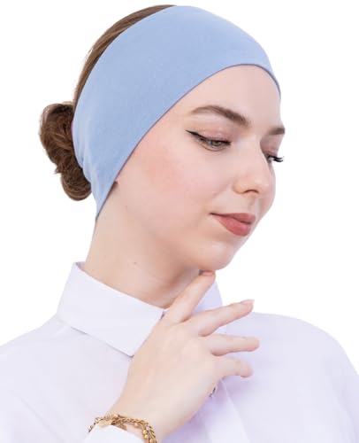 Prien Women Cotton Hijab Cap, Stretchy Head Cover, Pre-Sewn Inner Muslim Scarf Undercap, Non Slip Headband for Daily Wear - color: Blue