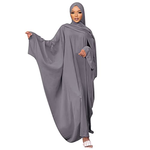 Muslim Dress for Women Pakistani Kaftan Abaya Robe + Hijab Arabic Islamic Prayer Clothes Dubai Outfits - color: Grey Set