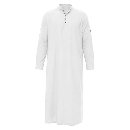 Men's Linen Kaftan Robe Button Down Long Sleeve Henley Collar Cotton Thobe Casual Loose Fit Stylish Gown Shirts - color: White, size: Medium