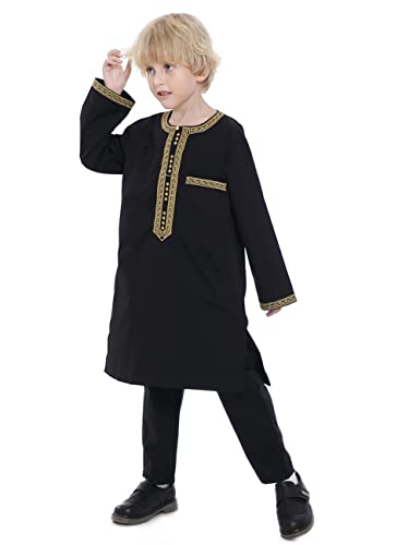 Boy's Muslim Clothing Kaftan Set - Middle East Youth Embroidered Robe Suit Round Neck Islamic Dress Arabic Wear - color: Black, size: 23